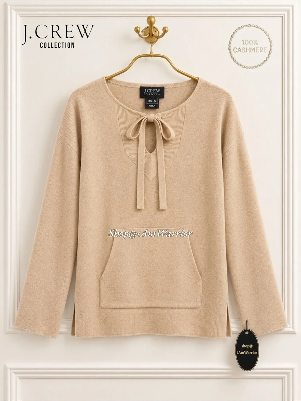 J.Crew Collection 100% Cashmere Tie Neck Kangaroo Pocket Sweater shop@iamwarrior